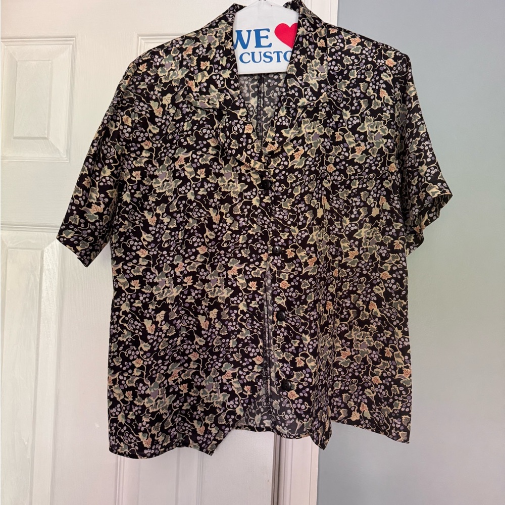 Vintage 100% silk foliage print short-Sleeve Floral Button-Down Shirt